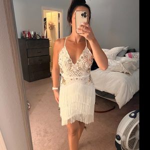 White & gold sequin fringe dress.